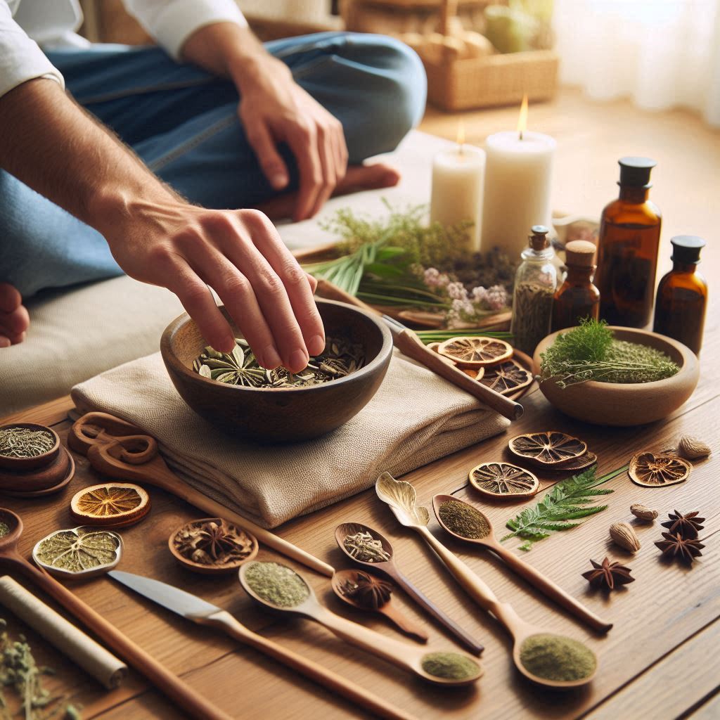 calming environment where an herbal practitioner is using a selection of fresh herbs on a patient