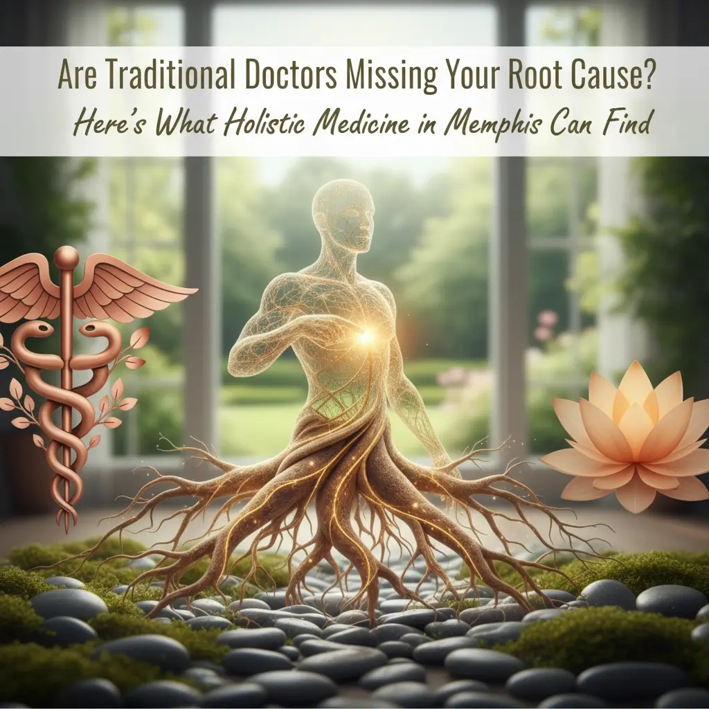 Holistic medicine concept with roots and symbols.