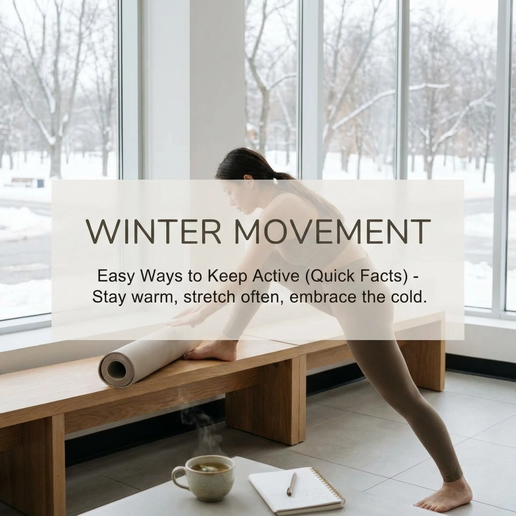Person stretching by a window on a snowy day for winter movement tips.
