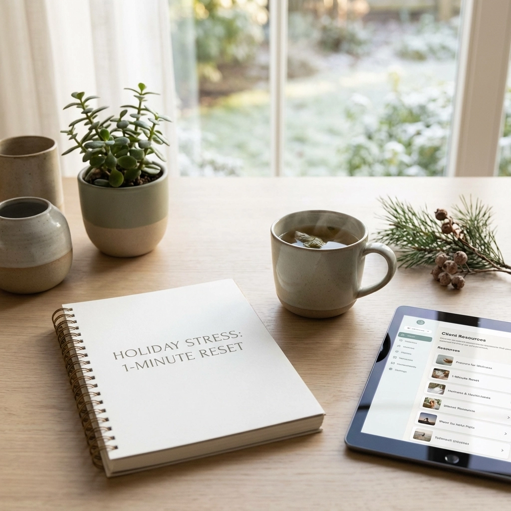 A peaceful workspace with a notebook, coffee, and tablet by a sunny window.