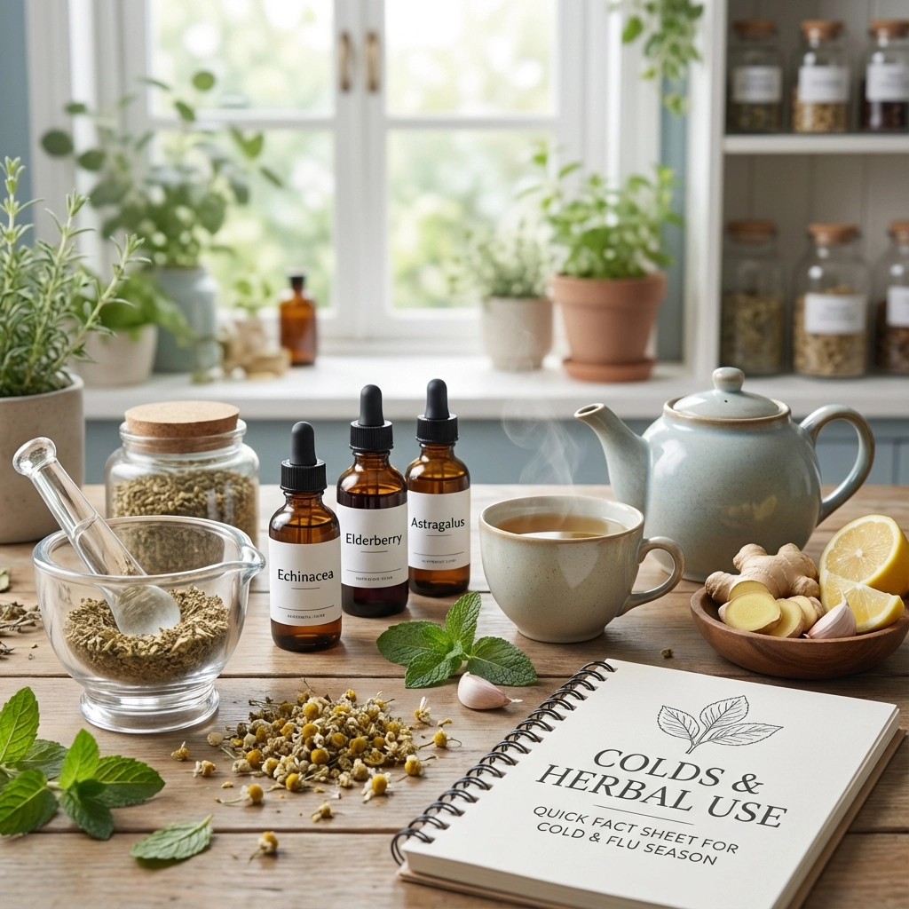 Herbal tea preparation with natural ingredients and essential oils on a kitchen counter.
