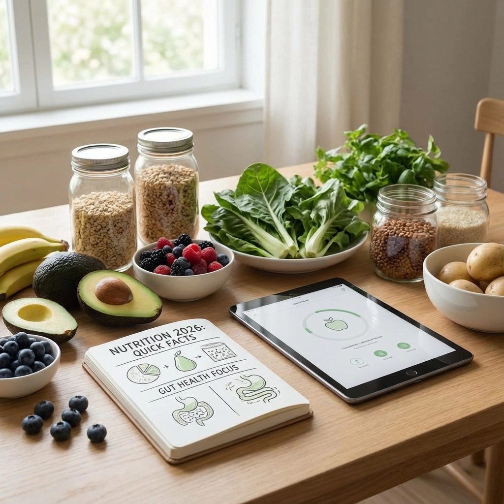 Healthy ingredients and recipe books on a kitchen table by a window.
