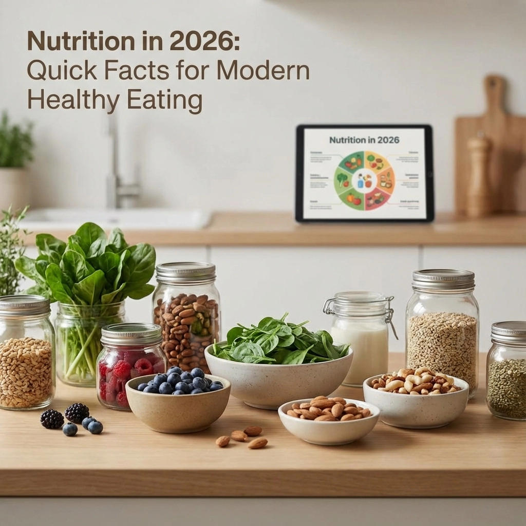 A kitchen counter with various healthy foods and a tablet displaying nutrition tips for 2026.