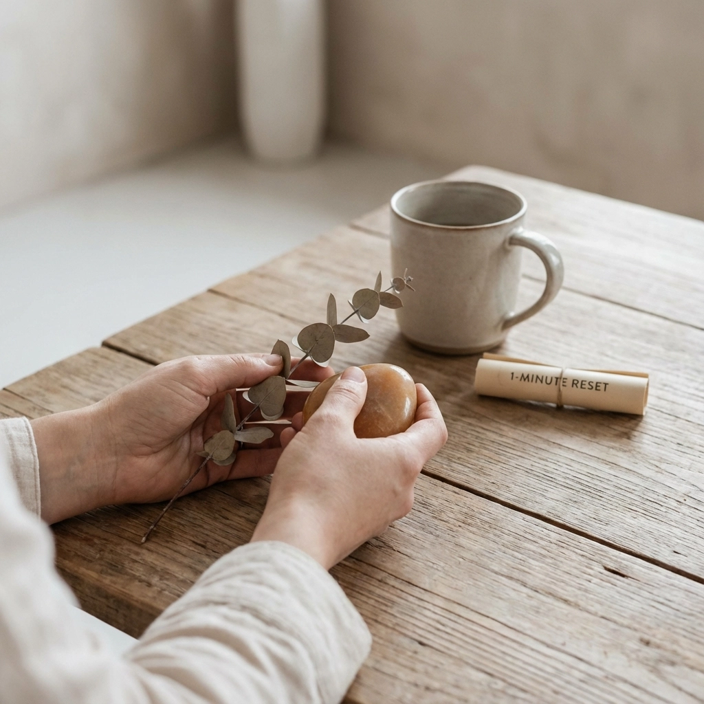 Hands holding a wooden ornament by a table with a cup and a notebook.