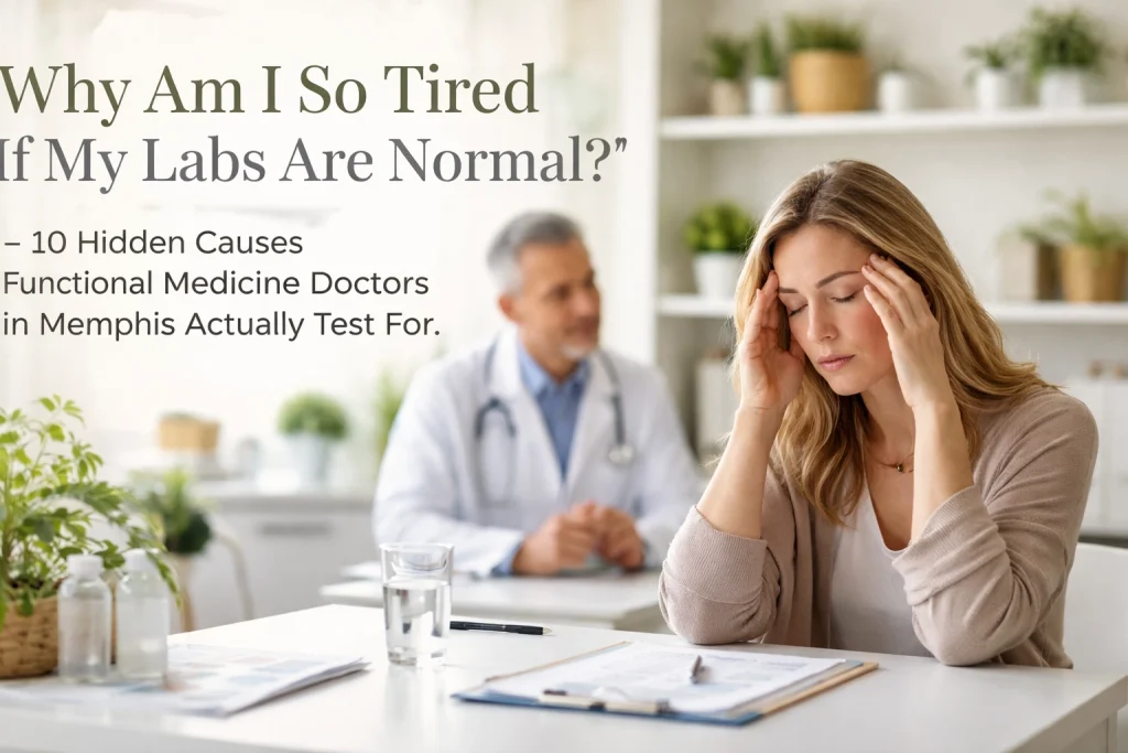 Woman looking tired at a doctor's office, discussing fatigue causes.