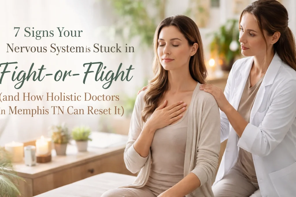 Woman practicing deep breathing to reset stress response in a calming setting.