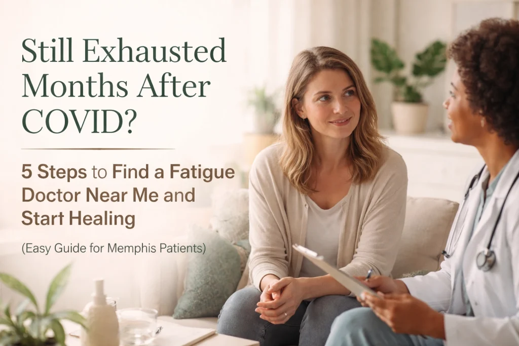 Woman looking thoughtful, promoting fatigue treatment after COVID-19.
