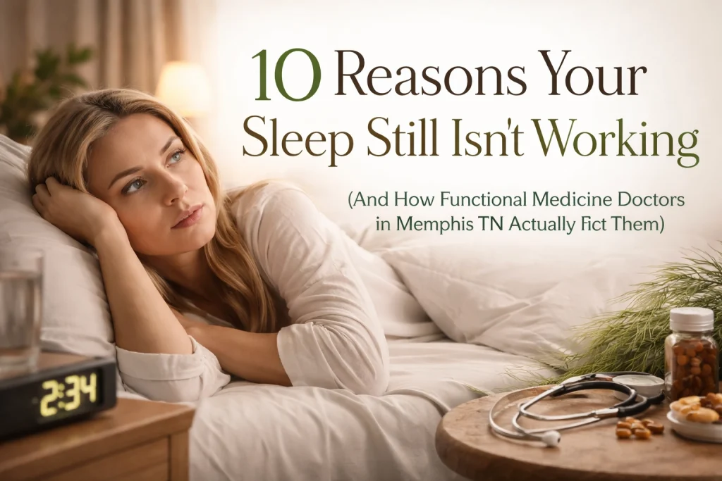 A woman lying awake in bed, looking worried.