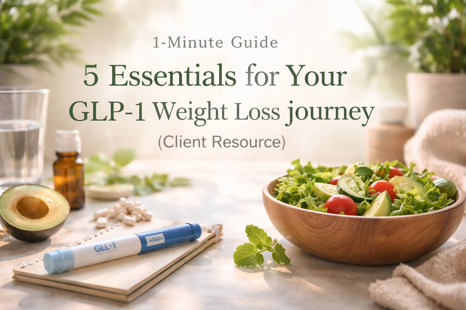 Cover page of a GLP-1 weight loss guide with fresh salad and pen.