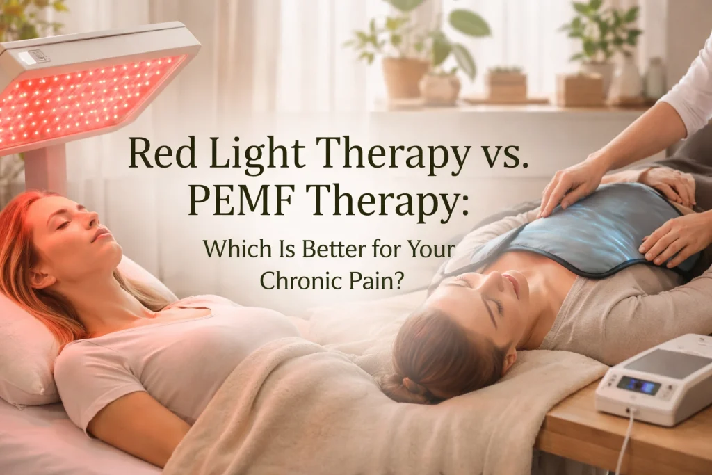 Woman receiving red light therapy for chronic pain relief at home.