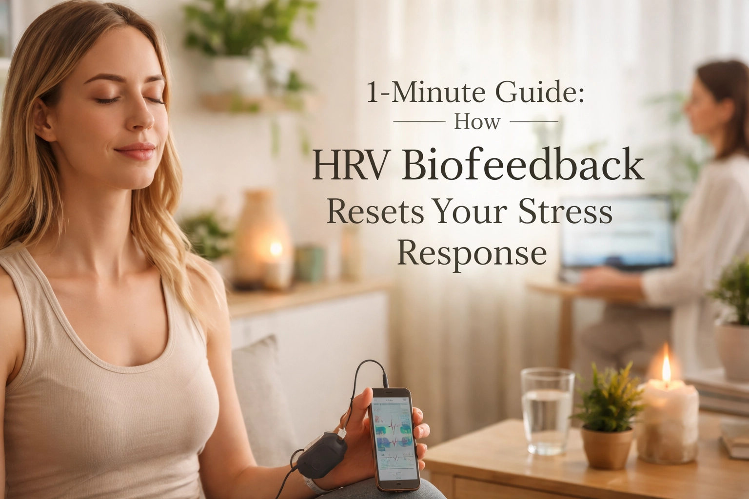 A woman using HRV biofeedback device to reset stress response.