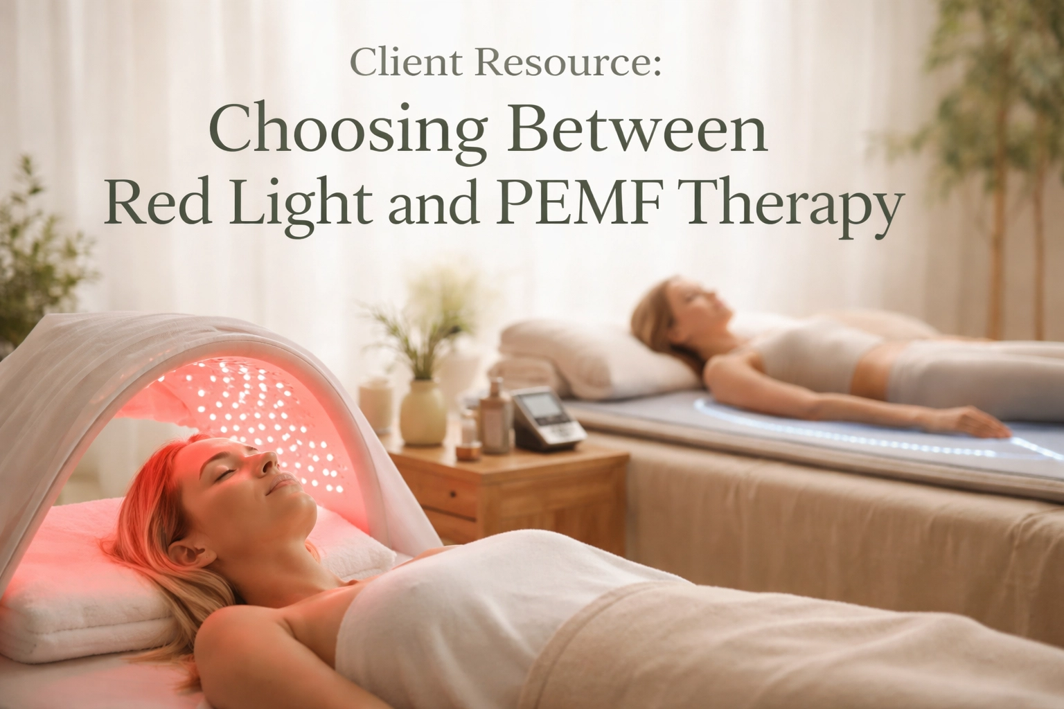 Two women relaxing during light and PEMF therapy sessions in a serene spa setting.