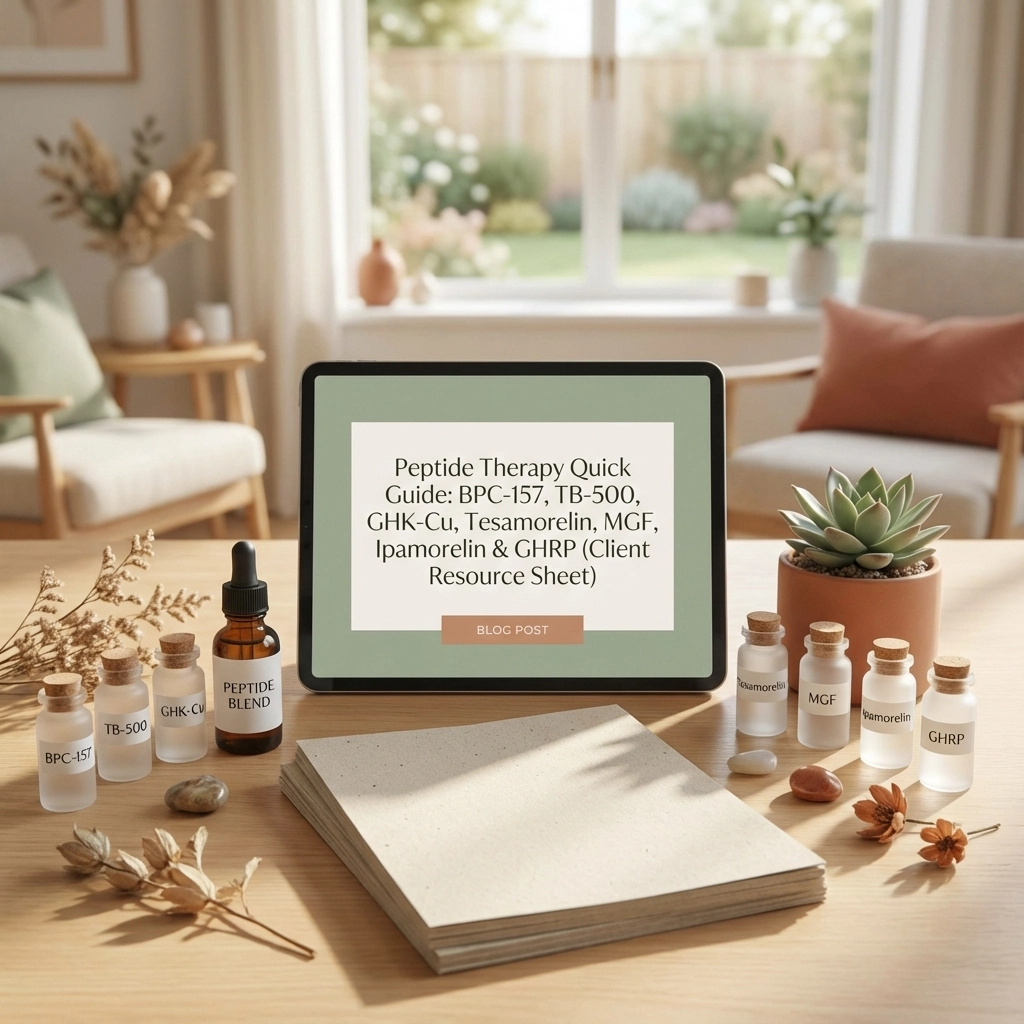 A cozy desk setup with a tablet displaying a gratitude quote and surrounded by plants and journals.