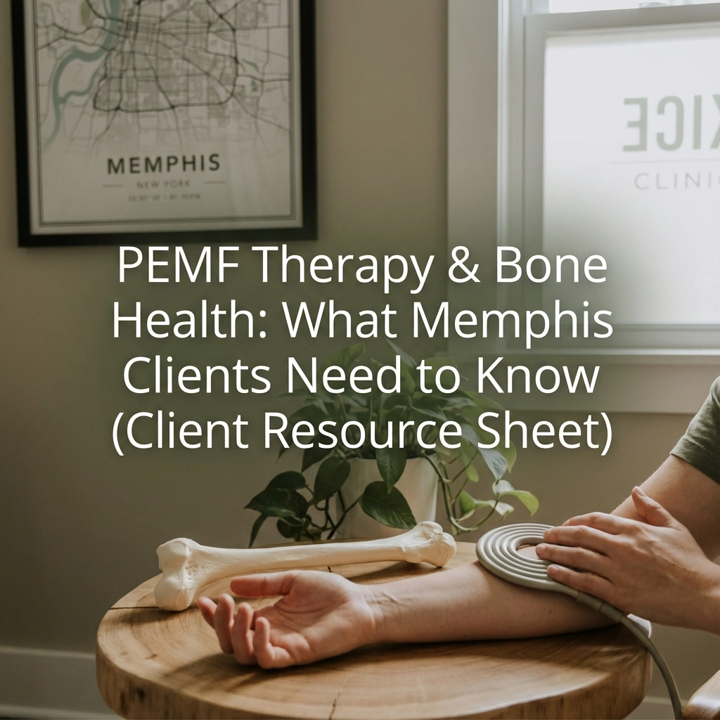 A person resting their arm with text about PEMF therapy and bone health in Memphis.