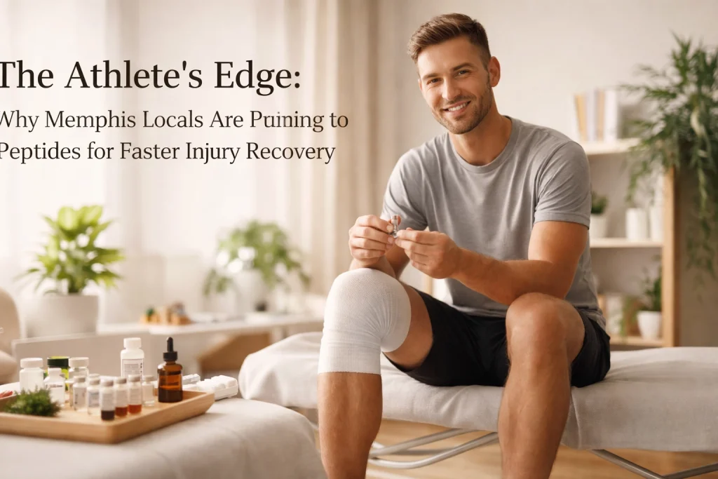 Smiling man wraps knee with bandage, symbolizing injury recovery.