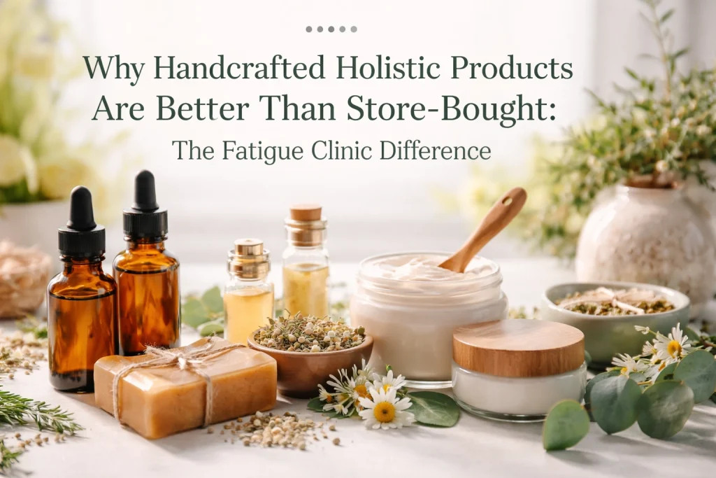Handcrafted holistic products displayed with natural ingredients and amber bottles.