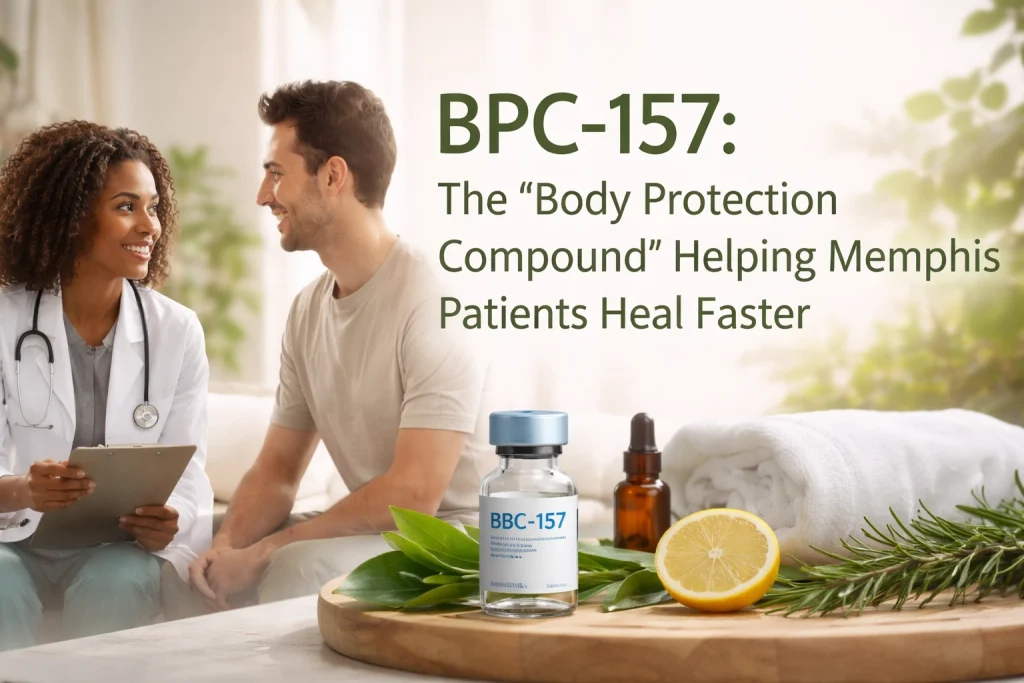 BPC-157 supplement bottle with natural healing elements beside a man in a therapeutic setting.