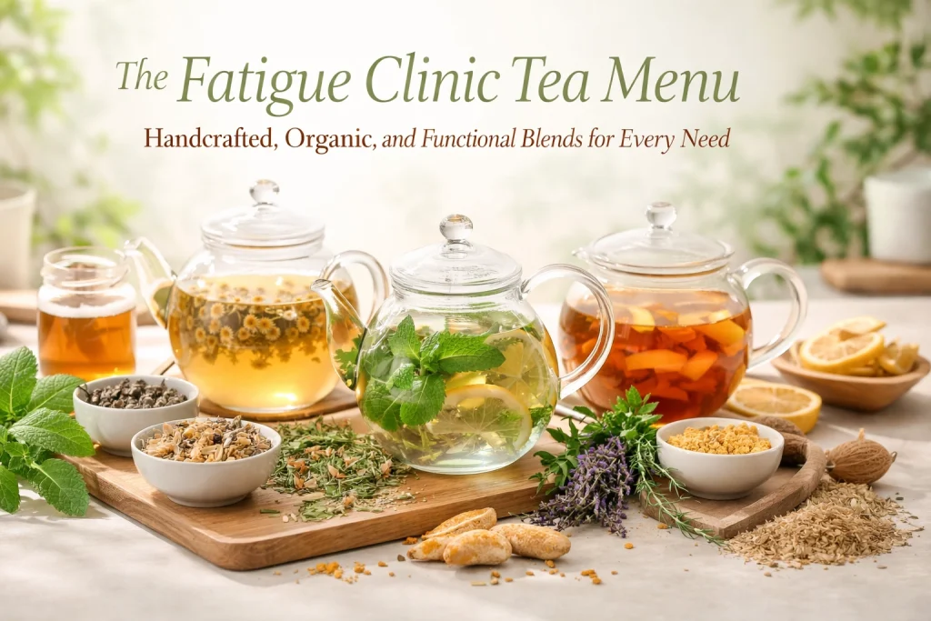 Three glass teapots with different herbal teas on a wooden board.
