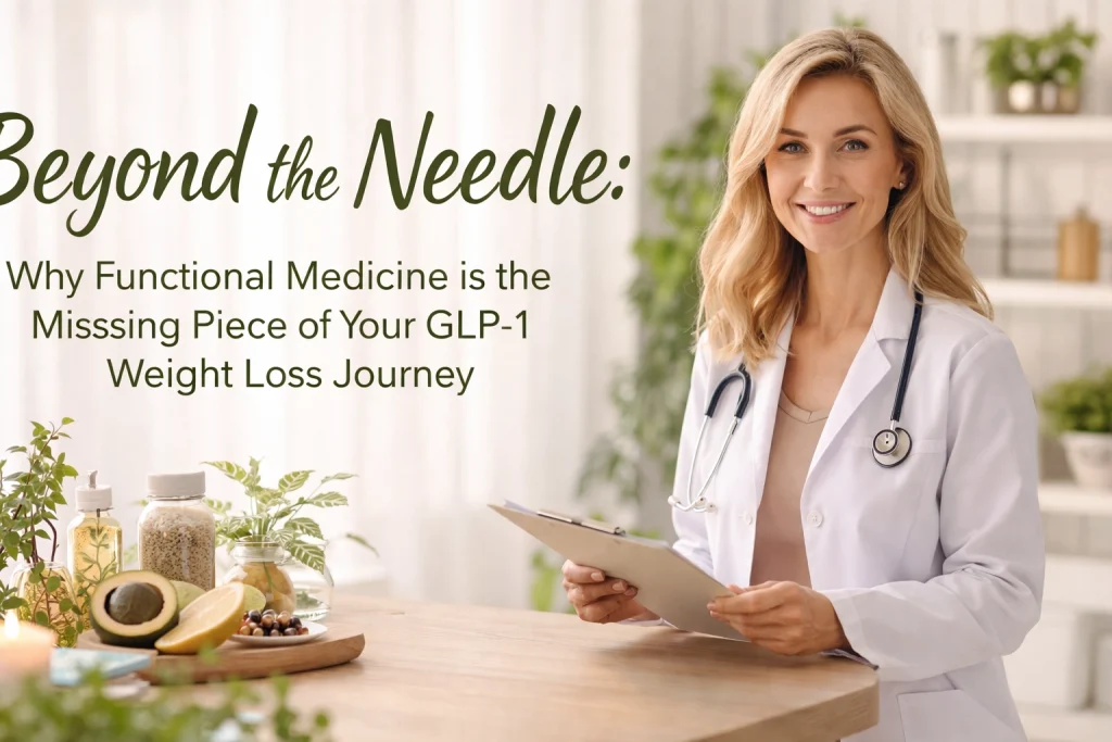 A female doctor smiling with a message about GLP-1 for weight loss.
