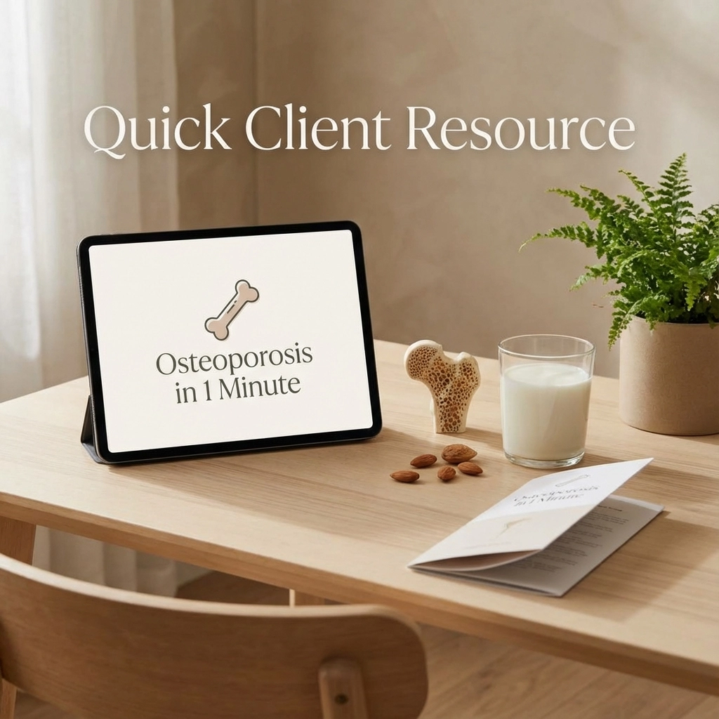 Tablet on desk shows osteoporosis info with natural decor.