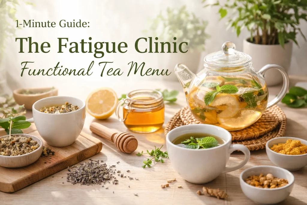 Relaxing tea setup promoting a fatigue clinic's traditional tea menu.