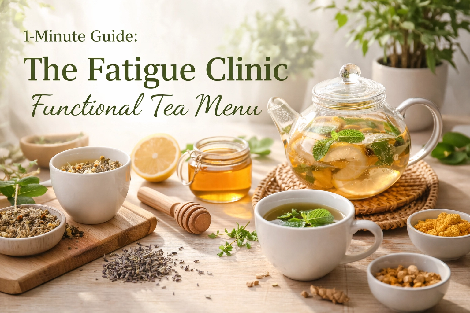 Relaxing tea setup promoting a fatigue clinic's traditional tea menu.