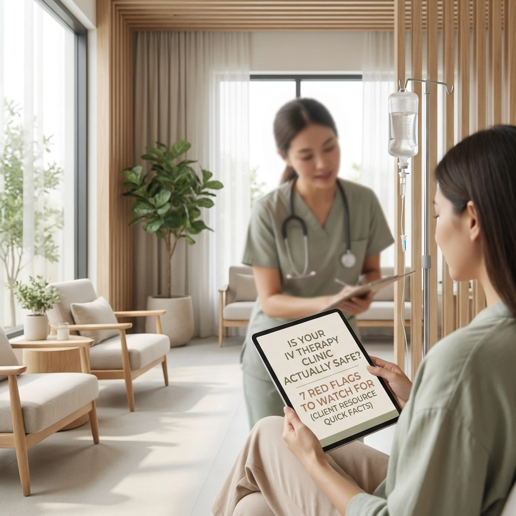A nurse discusses care details with a patient in a bright waiting room.