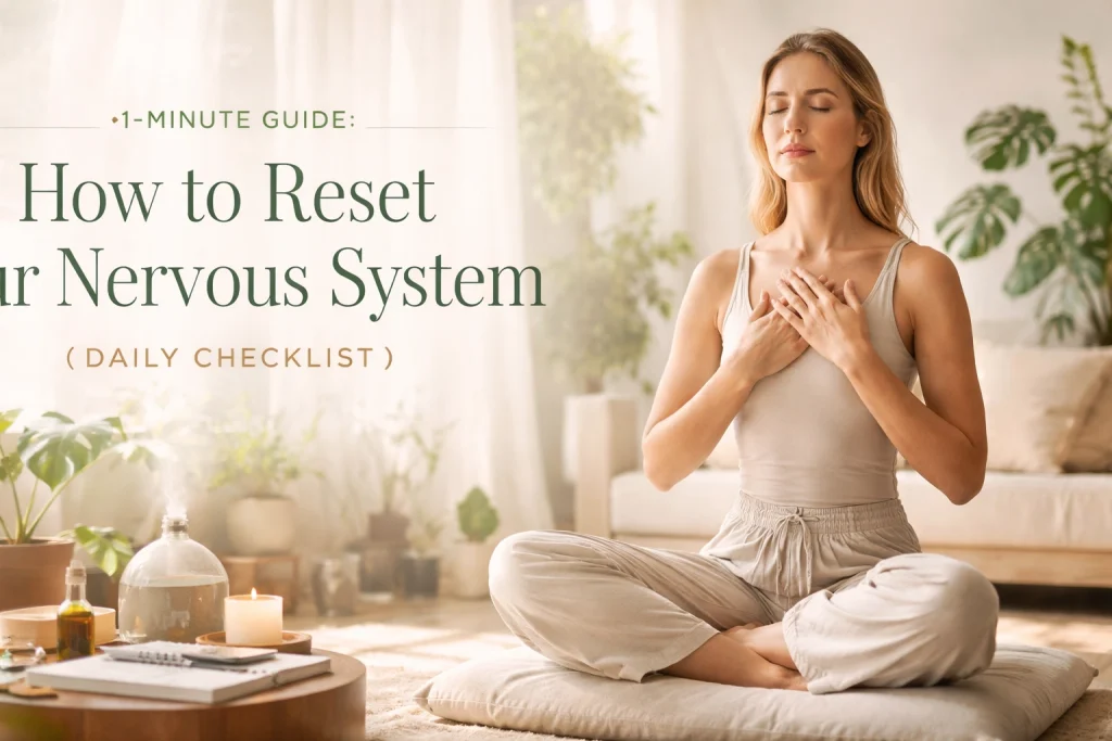 A serene woman meditates to reset her nervous system in a calm, sunlit room.