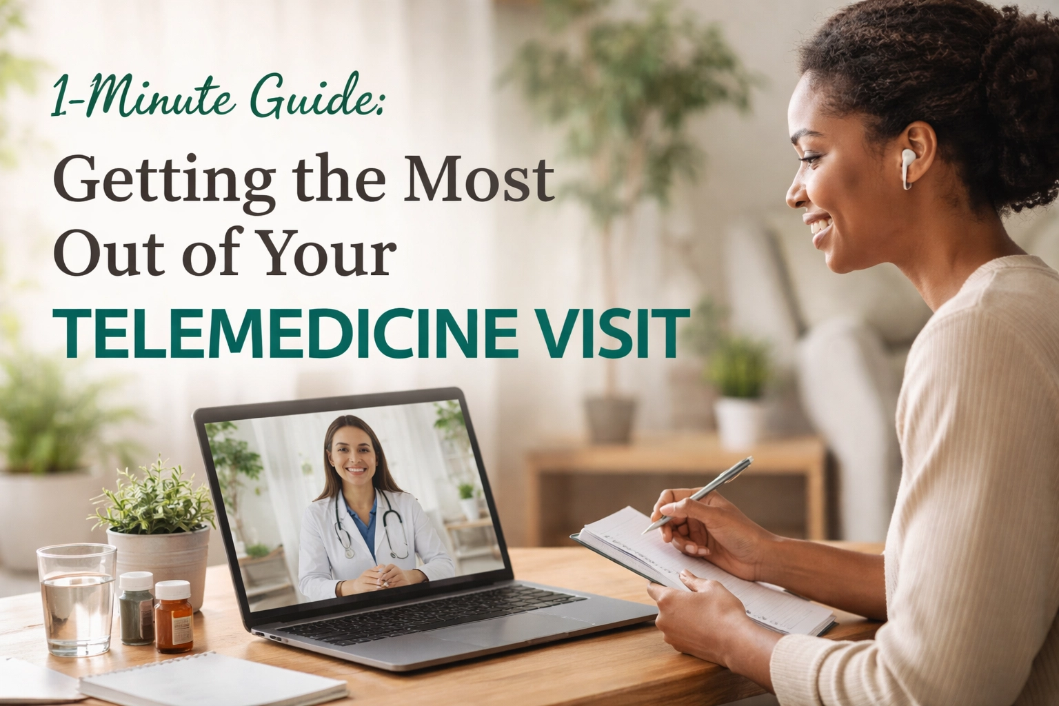Woman taking notes during a telemedicine visit on her laptop.
