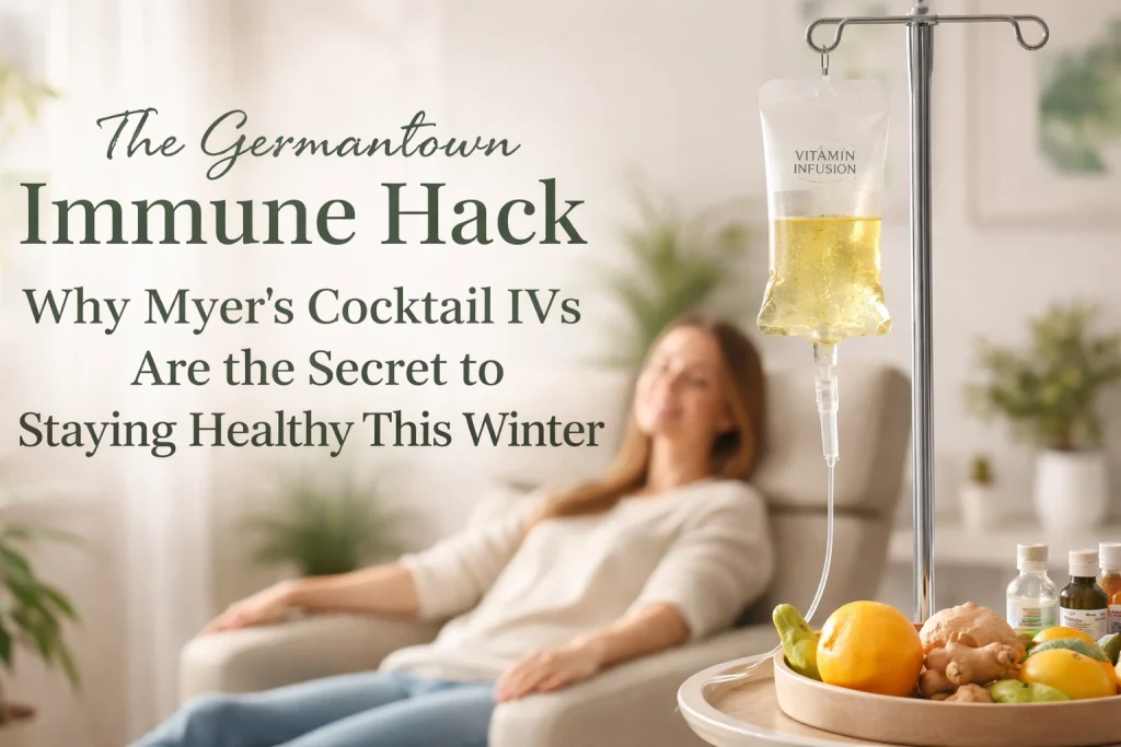Woman relaxing while receiving IV treatment for immune support at home.
