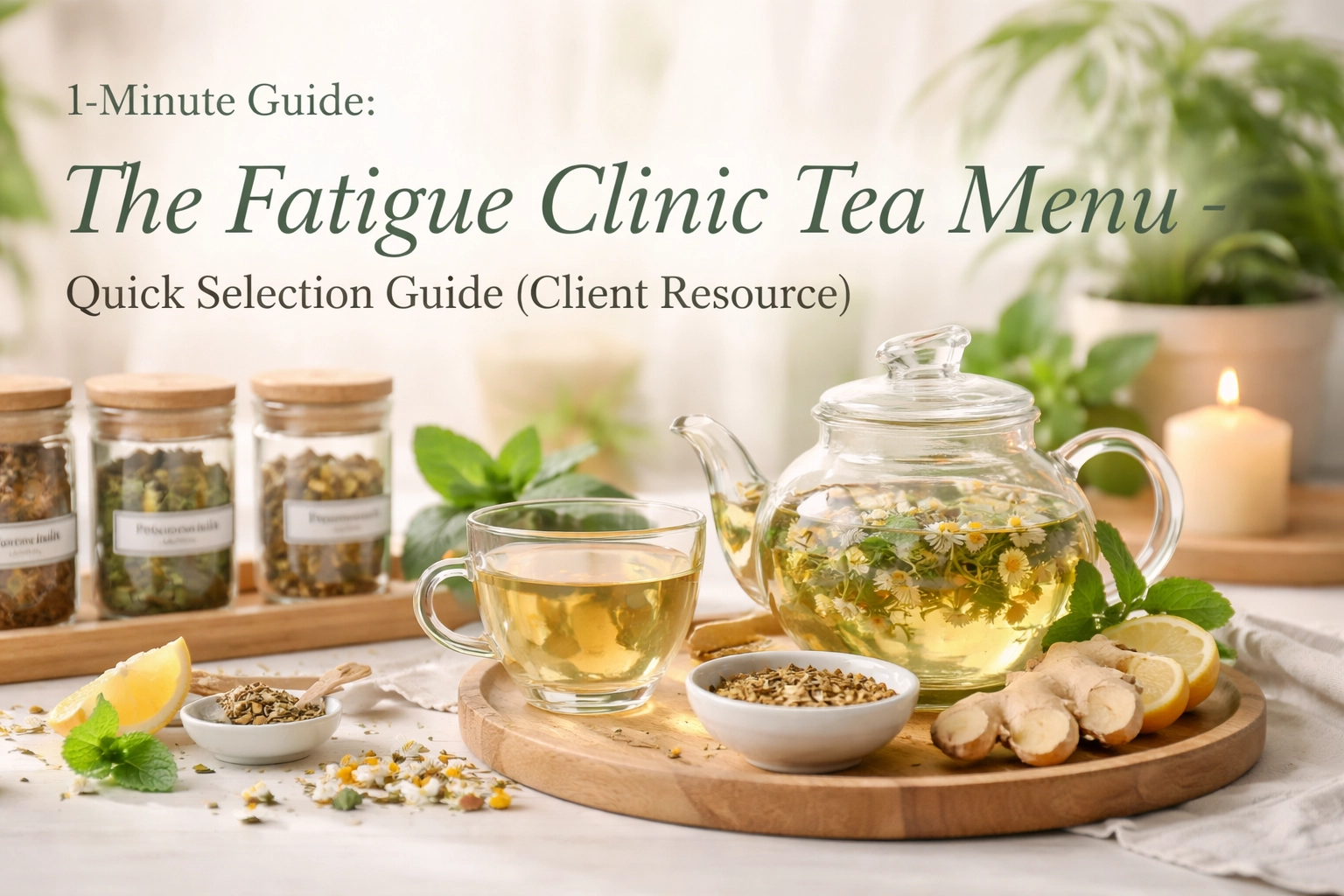 Calming tea setup for fatigue relief with herbs and glass teapots.