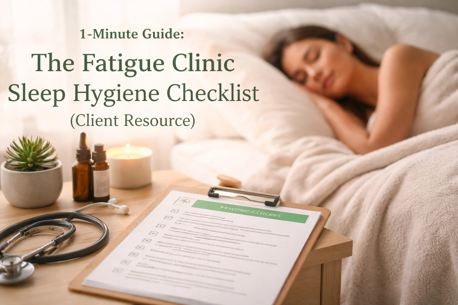 Fatigue Clinic Hygiene Checklist guide with a relaxing background.