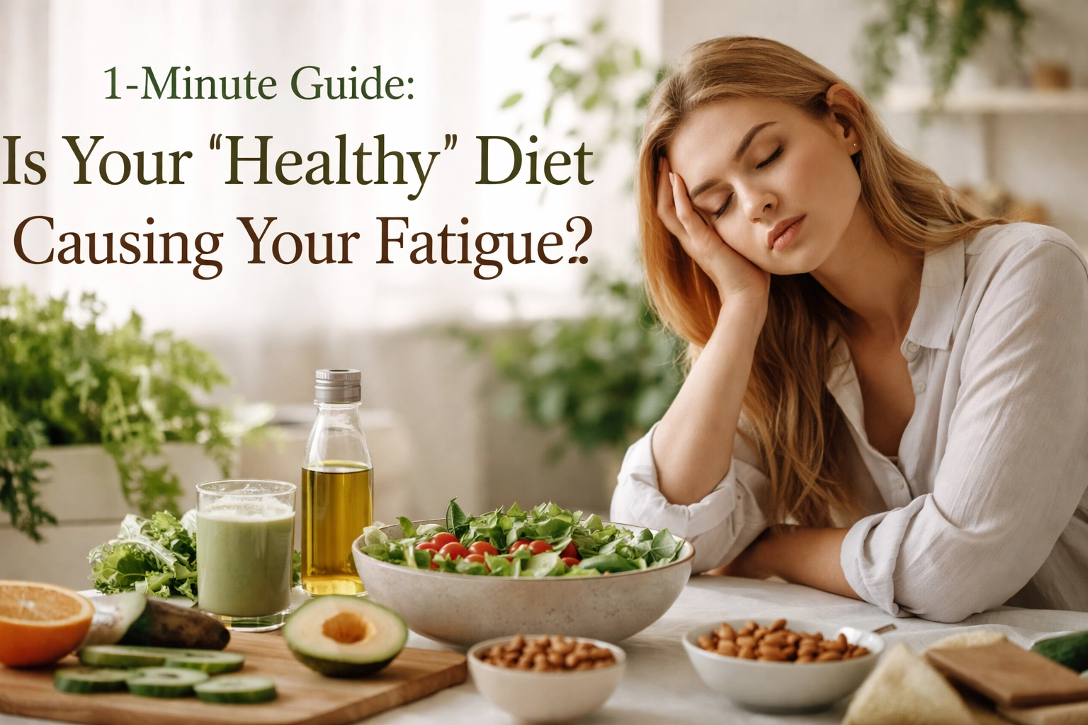 Woman feeling fatigued with healthy foods on the table, pondering diet choices.