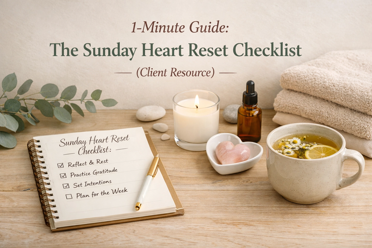 A cozy setup for a Sunday Heart Reset Checklist with candles and a clipboard.