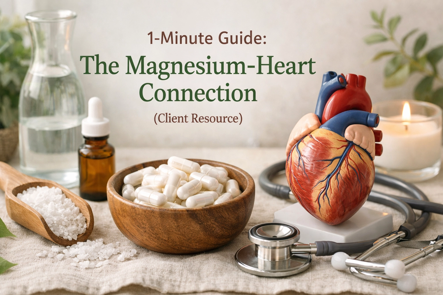 A guide on magnesium's impact on heart health with supplements and a heart model.