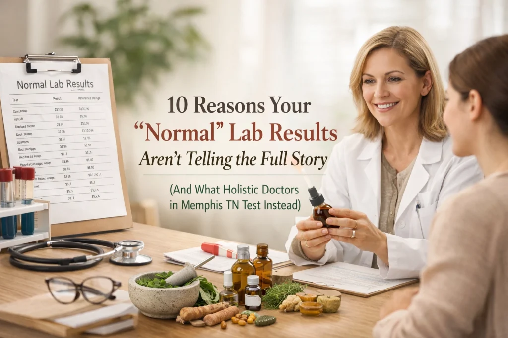 A woman smiles beside a framed sign listing reasons for misleading lab results.