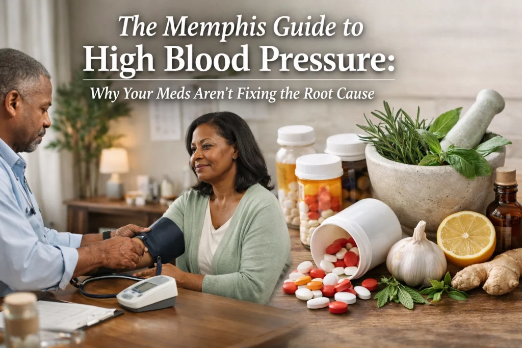 Woman checking blood pressure surrounded by medications and natural remedies.