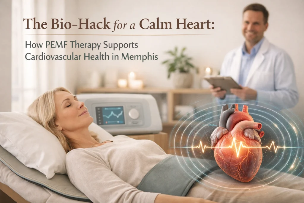 Woman receiving EMF therapy for vascular health at a clinic.