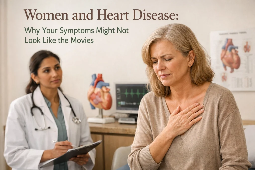 Woman experiencing chest discomfort during a medical consultation.