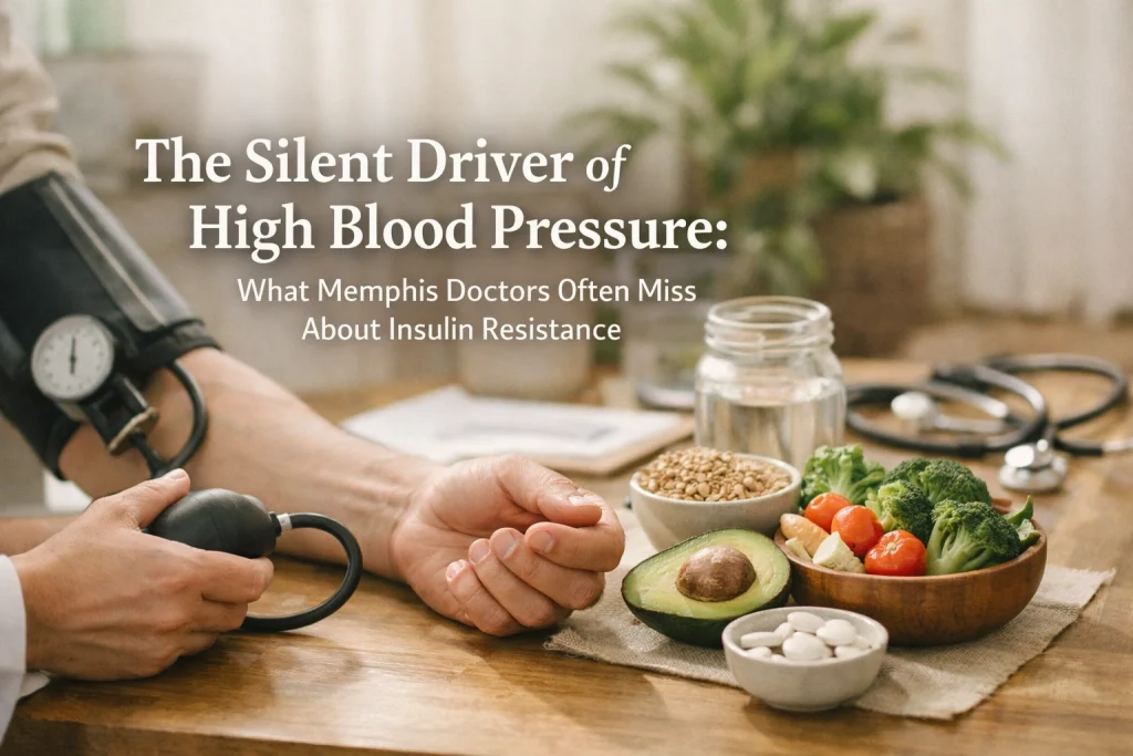 A person checking blood pressure with healthy food items nearby.
