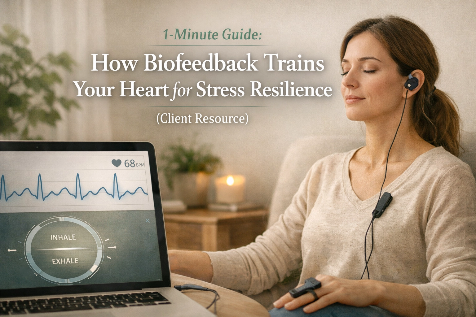 Woman practicing biofeedback with a laptop in a calm setting.