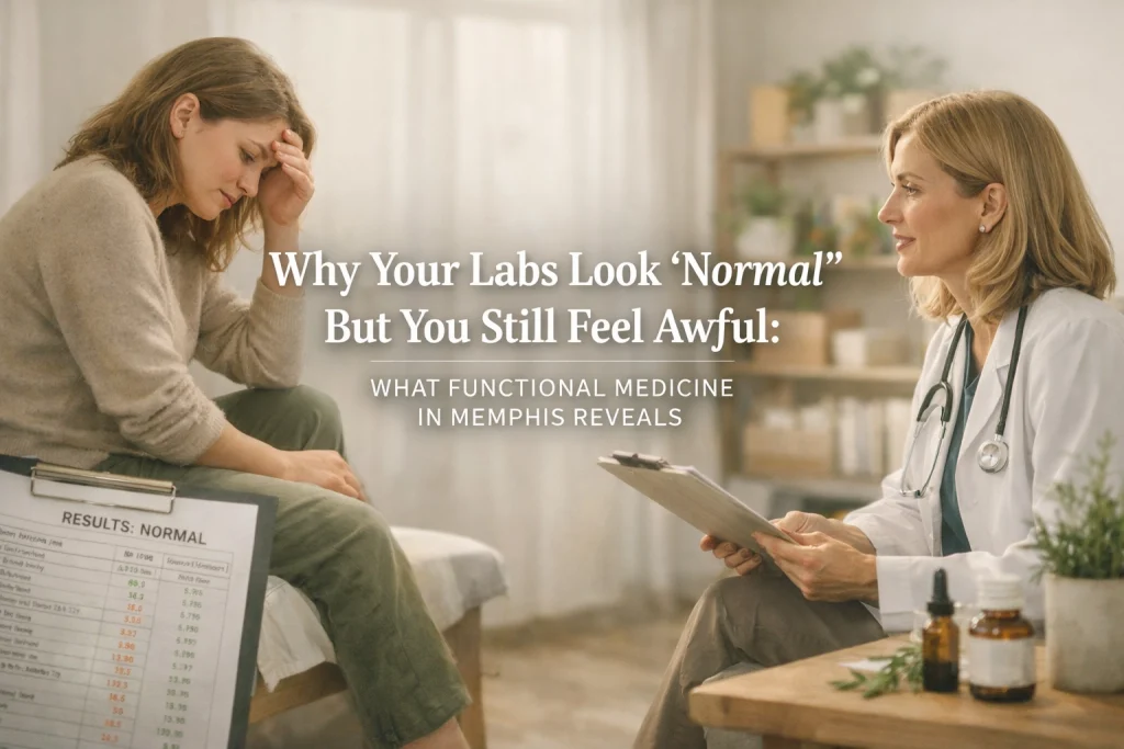 Two women discussing lab results in a medical setting.