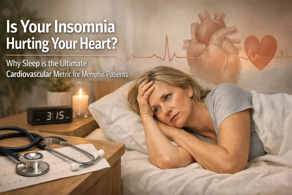 Woman lying awake in bed, struggling with insomnia and heart discomfort.