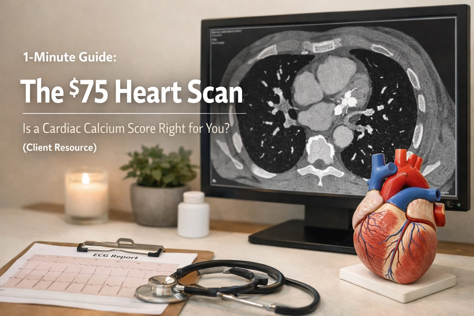 A heart scan image displayed on a computer screen with medical tools and a heart model nearby.