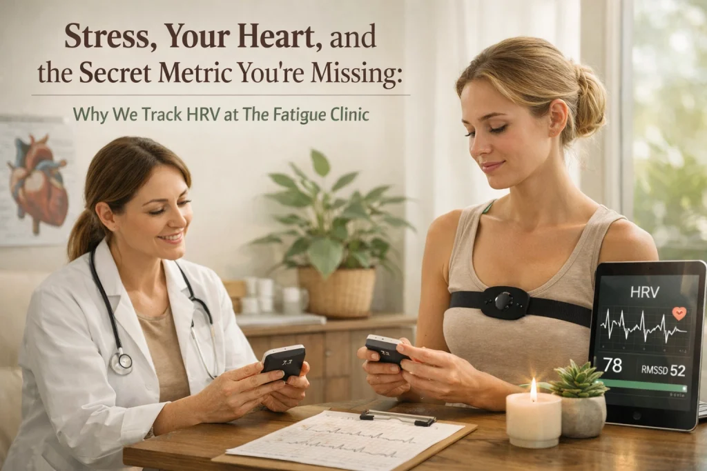 Two women using devices to track heart rate variability at a clinic.