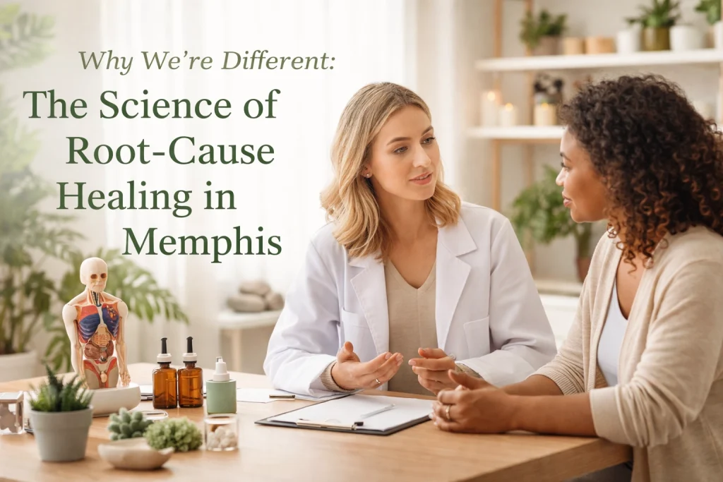 Two women discussing root-cause healing methods in a calm consultation setting.