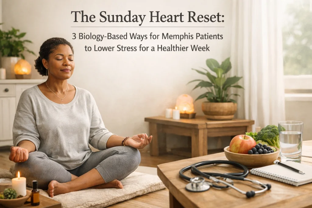 Woman practicing meditation for stress relief at home.