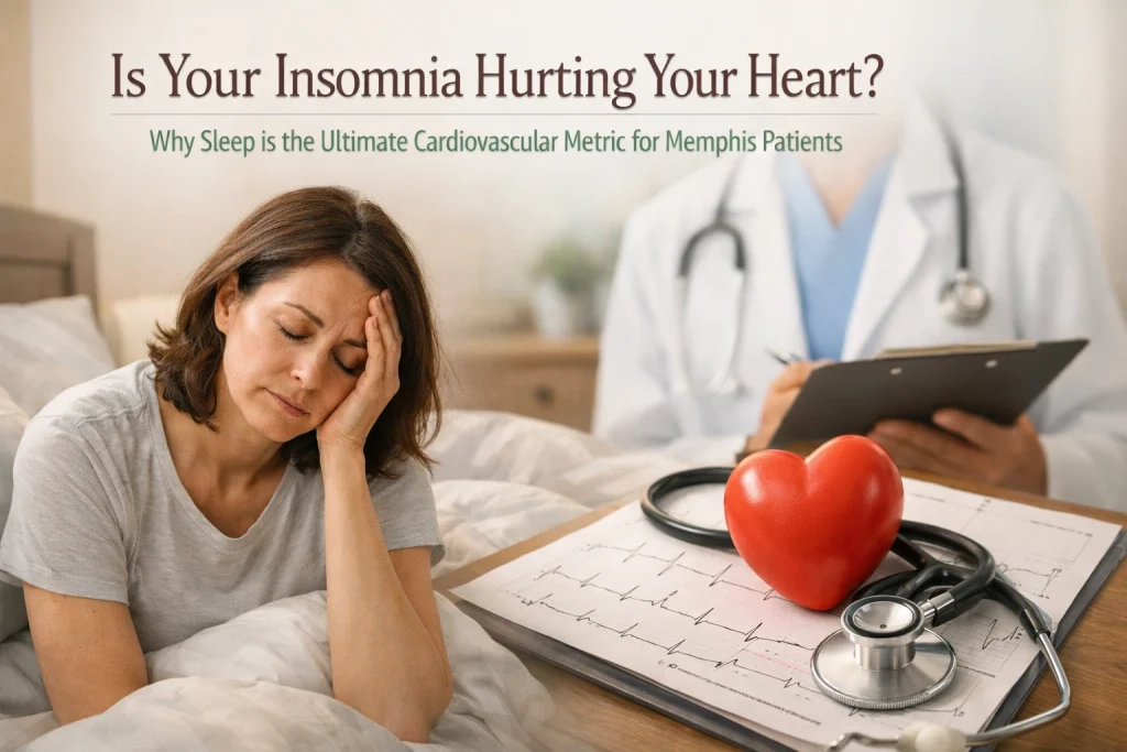 Woman worried about heart health and insomnia with medical items nearby.