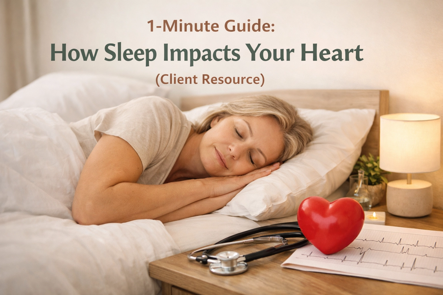 A woman peacefully sleeping with a heart model and stethoscope nearby.