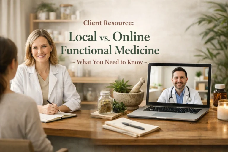 A woman explains local vs. online functional medicine with a video call.